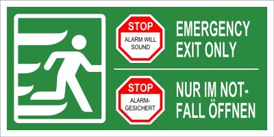 Emergency Exit Only - Alarmgesichert, selbstklebend, langnachleuchtend 150mcd/m², Kunststofffolie selbstklebend, Rettungszeichen 300 x 150 mm, 150mcd/m2