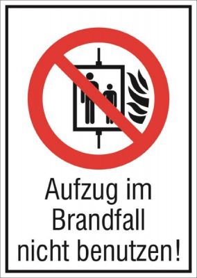 Aufzug im Brandfall nicht benutzen, langnachleuchtend, Kunststofffolie selbstklebend, EverGlow® Verbotszeichen 131 x 185mm